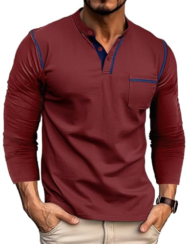 Mens Henley T-Shirts Cotton Long Sleeve T Shirt Casual Grandad Shirt Tops