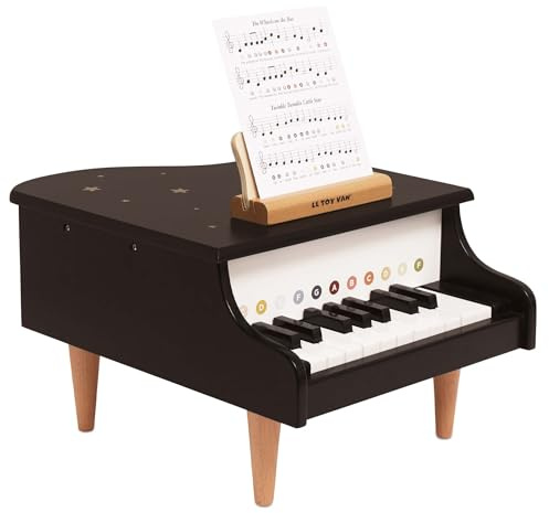 Le Toy Van Wooden Toy Grand Piano – FSC® Certified Sustainable Wood – Elegant Black with Gold Star Details – Includes Nursery Rhyme Music Sheets – Musical Instrument for Kids