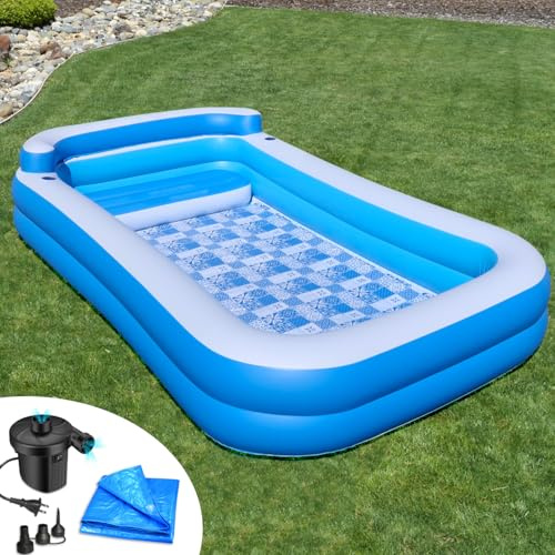 Rukala™ Inflatable Pool Bundle with Bench -10 ft x 6 ft - Ground Tarp and Electric Pump Included - Fast Setup and Reinforced Seams