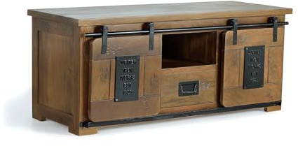 Meuble TV - Meuble TV - Décoration salon - Bois de manguier et métal - Portes coulissantes avec ferrures apparentes - Rangement bas de style industriel - Naturel - 55 × 130 × 50 cm