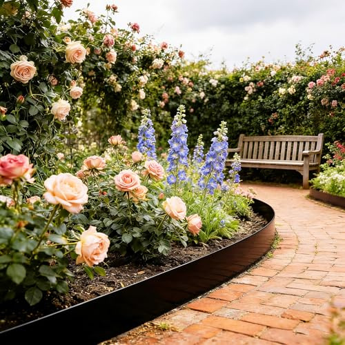 PEILU Schwarz Rasenkanten 15cm Hoch Verzinkt Stahl Beeteinfassung Garten Beetumrandung 5 Stück 100cm Mähkante Metall Wurzelsperre Palisaden Stecksystem Rasenkantenband für Wege, Rasenflächen (5m)