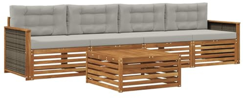 vidaXL Outdoor-Sofagarnitur mit Kissen 5 pcs Natürlich und Hellgrau, Gartenmöbel, Moderne Sitzgruppe, L-förmiges Sofa für Terrasse, relaxen im Lounge-Stil