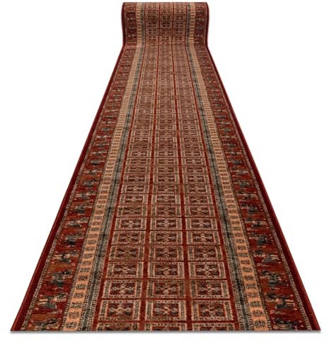 rugsx KASHQAI Läufer 4301/300 - Wollteppich - Teppich für Flur & Wohnzimmer - Orientalisch, Rahmen terrakotta/grün 67x720 cm