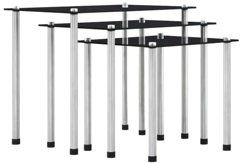 Kaloriko Juego de 3 mesas de cristal templado negro con marco de aluminio, para ahorrar espacio, diferentes tamaños para salón, dormitorio, balcón, diseño moderno y práctico estante