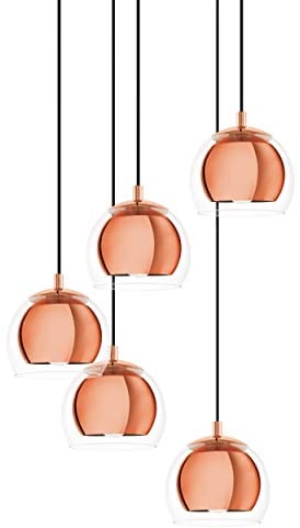 EGLO Pendelleuchte Rocamar 1, 5 flammige Hängelampe, Hängeleuchte aus Stahl und Glas in Kupfer, Klar, Esstischlampe, Wohnzimmerlampe hängend mit E27 Fassung