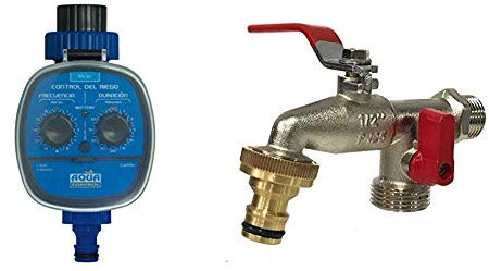 Aqua Control - Programador de Riego C4099N + Grifo de Jardín G6354 con Doble Salida 1/2'' - 3/4''