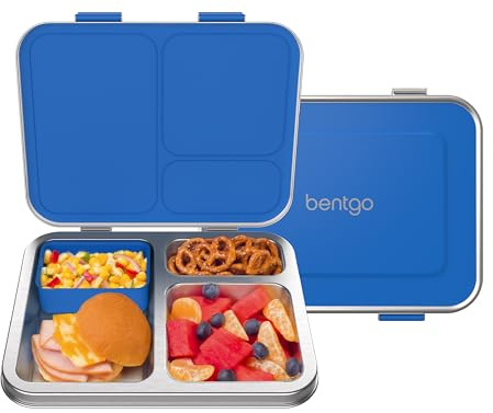 Bentgo Kids Stainless Steel Leak-Resistant Lunch Box - 3-Compartments with Bonus Silicone Container, Durable, Eco-Friendly, Dishwasher Safe, BPA-Free, Ideal for School, Ages 3+ (Blue)