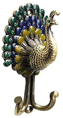 Peacock Coat Hooks, Antique Coat Hooks Vintage Decor, 13cm Novelty Peacock Hook with 2 Hooks, Heavy Duty Vintage Coat Hanger, Ornate Wall Decor for Hats Clothes Towel Bag