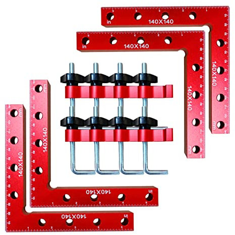 90 Degree Aluminium Alloy Positioning Squares, 140mm Right Angle Clamp L-Type Corner Clamp Woodworking Clamping Tool for Box Door Picture Frames Making (4pcs 4 Holes with 8 Clamps)