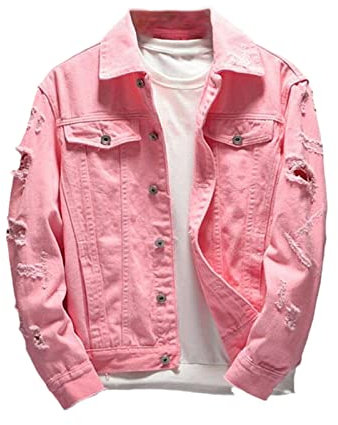 Veste en jean pour homme et femme - Coupe ajustée - En coton - Rouge - Blanc - Noir - Avec trou déchiré - Pour homme et femme, rose, L