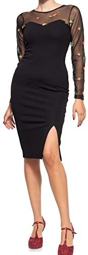 Queen Kerosin Damen Pencil Dress Bleistiftkleid Mesh Optik Stickerei Rosen Cocktailkleid Partykleid Vintage Abendmode