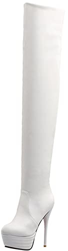 Lroey Reoly Stivali da Donna Sopra Il Ginocchio con Tacco a Spillo, Stivali da Vestito Tacco Alto Punta Rotonda Boots Zip Plateau 198 Bianco-Br Numero 46 EU