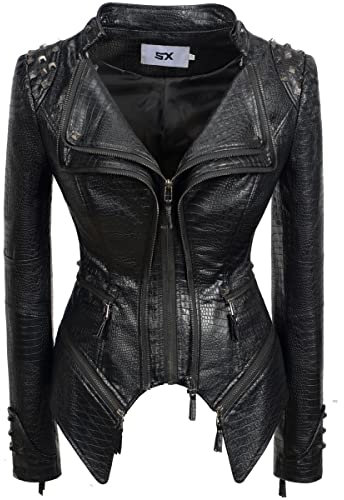 Fashion SX Damen Punk Nieten Kunstleder Alligatormuster Muster PU Leder Jacken Reißverschluss Moto Biker Mantel, Schwarz, L