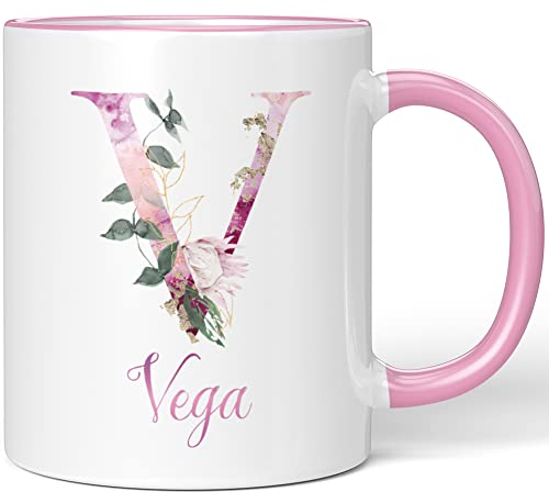 JUNIWORDS Tasse, Vega, Name Anfangsbuchstabe Initial Alphabet Floral Buchstabe V Monogramm Motiv, Rosa (5547605)