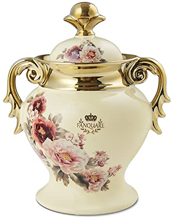 fanquare Jarrón Florero de Porcelana con Asas, Azucarero Vintage Rosa Floral, Tarro de Cocina para Decoración, Botes para Chuches y Galletas Inglés Estilo
