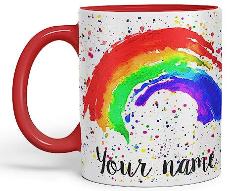 Vixar Personalised with Your Text Rainbow Watercolour Art Coloured Ceramic Mug Cup Gift 330ml 11oz Custom Work Office Tea Coffee (O1) (Red)