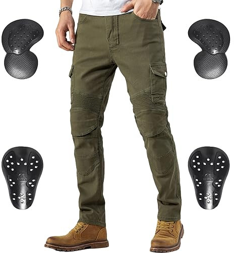 CTBQiTom Morradhose Uomo Moto Pantaloni Jeans Biker Jeans Pantaloni protettivi Blindati con Armatura CE,Verde Militare,34W/30L