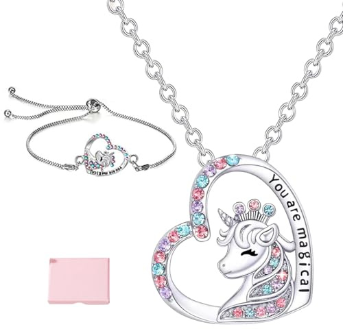 Ensemble de Bijoux Licorne 2 Pièces - Collier Pendentif en Cristal Coeur D'argent et Bracelet, Vous Êtes Magique, Bijoux avec Boîte-cadeau pour Fille, Petite-fille