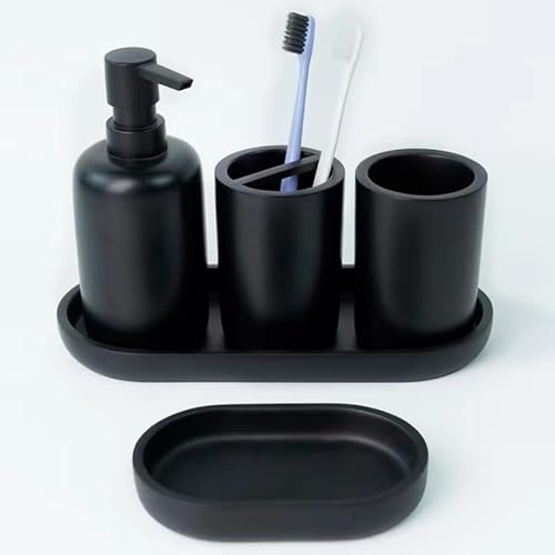CeleBig® Badezimmer Set 5-teilig | Badezimmer Organizer | Bad Accessoires | Seifenspender Set aus Harz | Zahnputzbecher | Seifenhalter | Becher | Schale | Schwarz