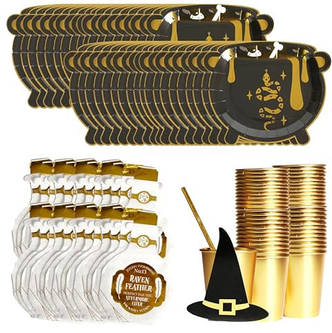Halloween Party Pack - 90pc Set - 30x Black Cauldron Paper Plates, 30x Potion Bottle Napkins, 30x DIY Gold Witch Hat Party Cups - Halloween Party Tableware Pack