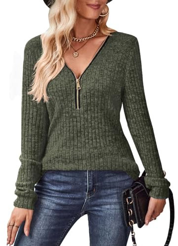 Gemulate Women's Long Sleeve Sweaters Tshirts Ladies Zip up Tops V Neck Jumpers Knitwear Sweatshirts Blouses Clothing for Women ArmyGreen L