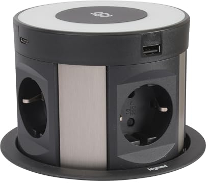Legrand, Incara Tower 120 654983 - Enchufe empotrable con sistema de elevación, 1 cargador inalámbrico, 4 puertos USB (A+C), 4 enchufes, 2P+E, profundidad de montaje: 181,7 mm, 250 V, aluminio/negro