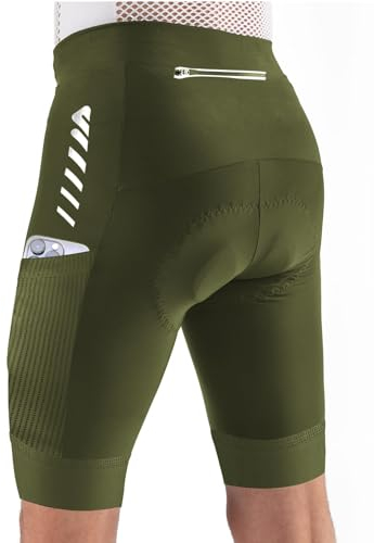 Wulibike Cycling Shorts Mens Padded,Quick Dry & Breathable Bike Shorts with Reflective Strips and Pockets for Road Cycling 1-OliveGreen L