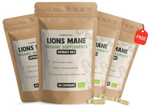 GOYU Lion's Mane (Löwenmähne) Extract Kapseln 400 mg Kombideal 4x 60 Capsules - Hericium Erinaceus - 20% Beta-Glucan - 30% Polysaccharide - Löwenmähnen-Kapseln - Fokus & Konzentration - Pilzmischung