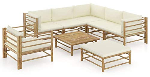 NITCA Lounge Moebel Terrasse Bambus 8-TLG.Lounge Gartenmöbel Set Holz mit Creme Kissen Bambus Garten Sitzgruppe Lounge Terrasse Holz Balkonlounge3xEckteil+2xMittelteil+Sessel+Fußstütze+Tisch