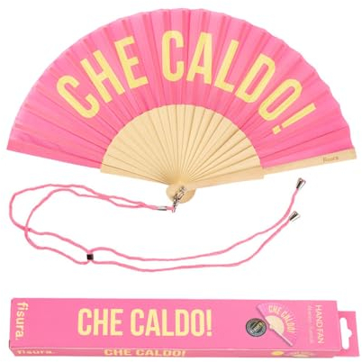 Fisura – Ventaglio originale con messaggio “che caldo”. Ventaglio in legno moderno e divertente. Ventaglio rosa e giallo. Ventaglio con cordino porta ventaglio. Dimensioni: 42,5 x 23 cm.