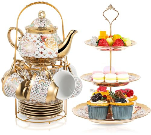 Maxcheck Teeparty-Set für Erwachsene, europäisches Blumen-Teeset mit Metallhalter und 3-stöckigem Keramik-Kuchenständer, Porzellan, Blume, Tasse, Teekanne für Dessert, Cupcakes, Weihnachtsgeschenk, 21