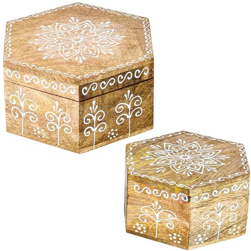 Marrakesch 2er Set Aufbewahrungsbox mit Deckel aus Holz 15 & 10cm groß | Boho Deko Schmuckkästchen Hajdar -3- zur Schmuckaufbewahrung | Massive Holzbox Ideal als Geschenkbox Geschenke für Frauen