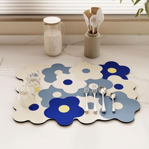 Odot Tapis Egouttoir Vaisselle, Tapis Absorbant Vaisselle Tapis Vaisselle Egouttoir Absorbant pour Comptoirs de Restaurant de Cuisine de Bar Café, Motifs de Fleurs Colorés (30x40cm,Bleu)