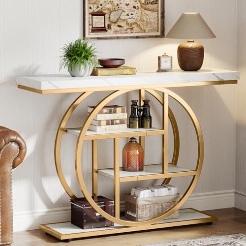 Tribesigns Console de Style Industriel de 105 cm, à 4 Niveaux avec Base Circulaire, étroite en Bois avec étagères de Rangement pour Salon et Couloir (Blanc/Doré)
