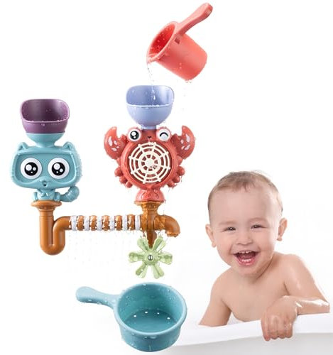 Navaris Jouet Bain Bébé - Jeu Bain Bebe Enfant avec Fontaine Eau pour Le Bain et 2X Gobelet Verseur - Jeu de Bain Flottant avec Fixation Ventouse pour Baignoire Mur Salle de Bain
