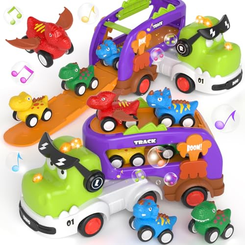 usrela Dinosaur Truck Toys for 2 3 4 Year Old Boy Gifts, 5 in 1 Dino Car | Carrier Truck for Girl Toys Friction Power Light & Sound Toy Cars fo 2 + 3 1st Christmas Boy gifts 6 Cars