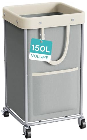 JYPS Wäschekorb mit Rollen, 150L Groß Laundry Baskets mit 2 Taschen&Henkel, Wäschesammler mit Herausnehmbaren Wäschesack, Wäschetruhe Wäschebehälter für Waschküche, Schlafzimmer, Badezimmer (Grau)