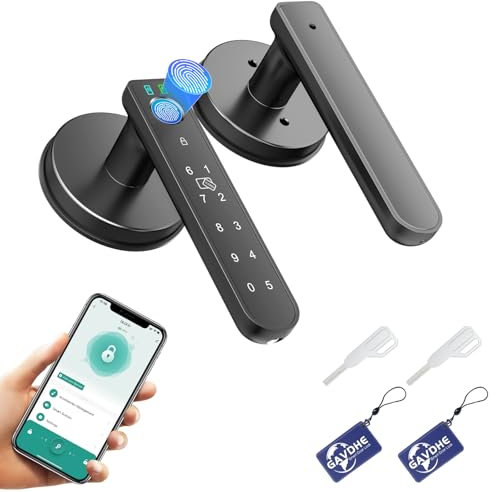 Gavdhe Serrure de porte à empreintes digitales intelligente avec poignée de porte biométrique d'entrée sans clé avec clavier et contrôle par application, installation facile pour la maison, la chambre