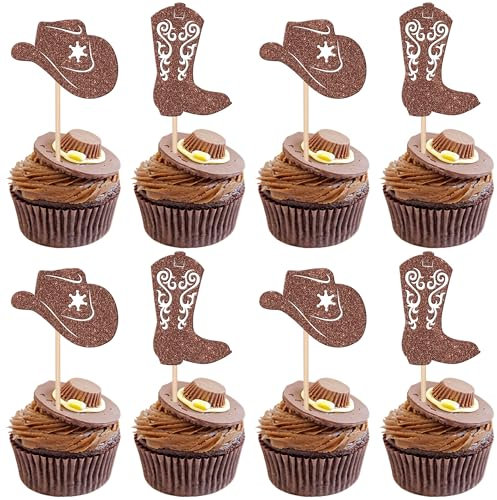 Xsstarmi 24 Pack Cowboy Cupcake Toppers Glitter Cowboy Hat Boots Cupcake Picks Cowgirl Cowboy Birthday Cake Decorations for Cowboy Theme Baby Shower Kids Birthday Party Supplies Coffee