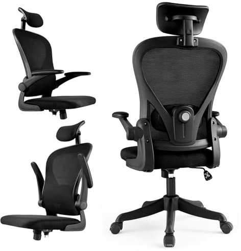 Silla de Oficina Ergonómica y Gaming, con Reposacabezas Ajustable, Soporte Lumbar, Brazos Plegables y Asiento Cómodo, Soporta hasta 120 kg