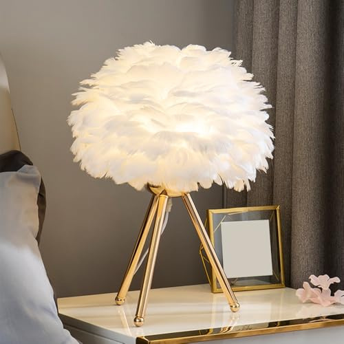 Lampe de table à plumes, lampe de chevet pour chambre à coucher, lampe de Bureau en plumes roses Veilleuse E27 de lecture pour décoration chambre à coucher, salon, chambre à coucher d'enfant (blanc)