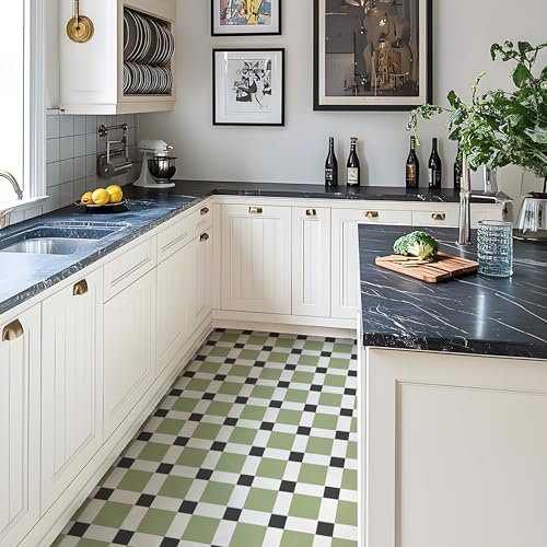 Alwayspon Vinyl Flooring Tile Sticker, 12Px30cm/12inch Peel and Stick Vinyl Floor Wall Planks Self-Adhesive Splashback Stick on Tiles Transfer Sticker for Bathroom Kitchen, Sage Green Black