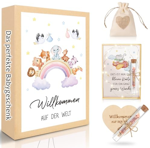 TUZELIYA Geschenke zur Geburt Baby Geschenk Mädchen Junge mit LED Lichterkette, Holzkarte Reagenzglas Jutesäckchen - Geschenkideen für Enkel, Enkelin, Neffe, Nichte - Willkommen auf der Welt