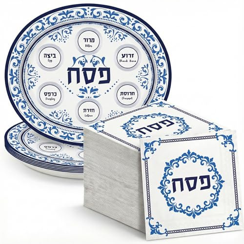 Dereinwo 50 Pcs Passover Seder Plates and Napkins Set | Large Oval 12 x 10, Heavy Duty,Soak-Proof,Soft & Absorbent,Passover Seder Party Supplies for 25 Guests