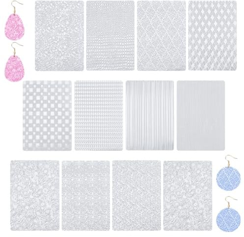 HOBBIESAY 12 Polymer Stampmatten Texturplatten DIY Modelliermasse Texturmatten Klar für Ohrringe Schmuckherstellung Bastelzubehör Handwerk 7x10 Zoll