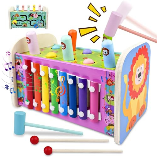 Crynvor 3-in-1 Hammerspiel für Kinder ab 3 Jahre,Xylophon Kinder für Jungen | Hämmerchenspiel, Klopfbank Holz, Montessori Musik Spielzeug, Klopfspiel, Motorikspielzeug Geschenk für Mädchen