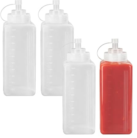 WeeGoo 4 Pcs Large Square Squeeze Bottles, 1000 ml Plastic Sauce Bottles | Translucent, 32 oz Squeeze Condiment Dispenser with Nozzles, for Ketchup, Salad, Sauces, Oil, Honey