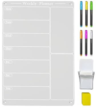 Duvcoywae Wochenplaner Für Kühlschrank | Wöchentliche Whiteboard Tafel | Wiederverwendbare Acryl Tafel Inklusive 6 Textmarker Set - Für Haushalt Küche Wohnzimmer Organisation