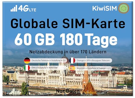 KiwiSim Prepaid SIM Karte - 4G LTE & Globale Nutzung in 170 Ländern/Regionen | Kompatibel mit Telefónica, O₂, Vodafone | Für Smartphones, Hotspots u.a. Geräten (60GB180Tage)