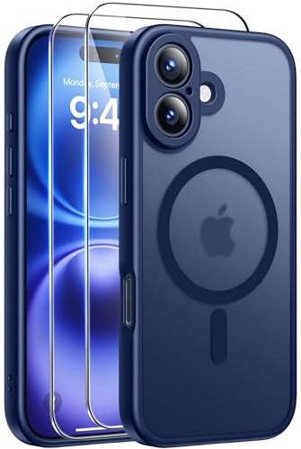 Qasyfanc für iPhone 16 Hülle mit 2 Schutzfolie, Vollständiger Kameraschutz, Magnetisch Handyhülle Kompatibel mit MagSafe, Transluzente Matt Rückseite Kratzfest Schutzhülle iPhone 16 Case Dunkelblau